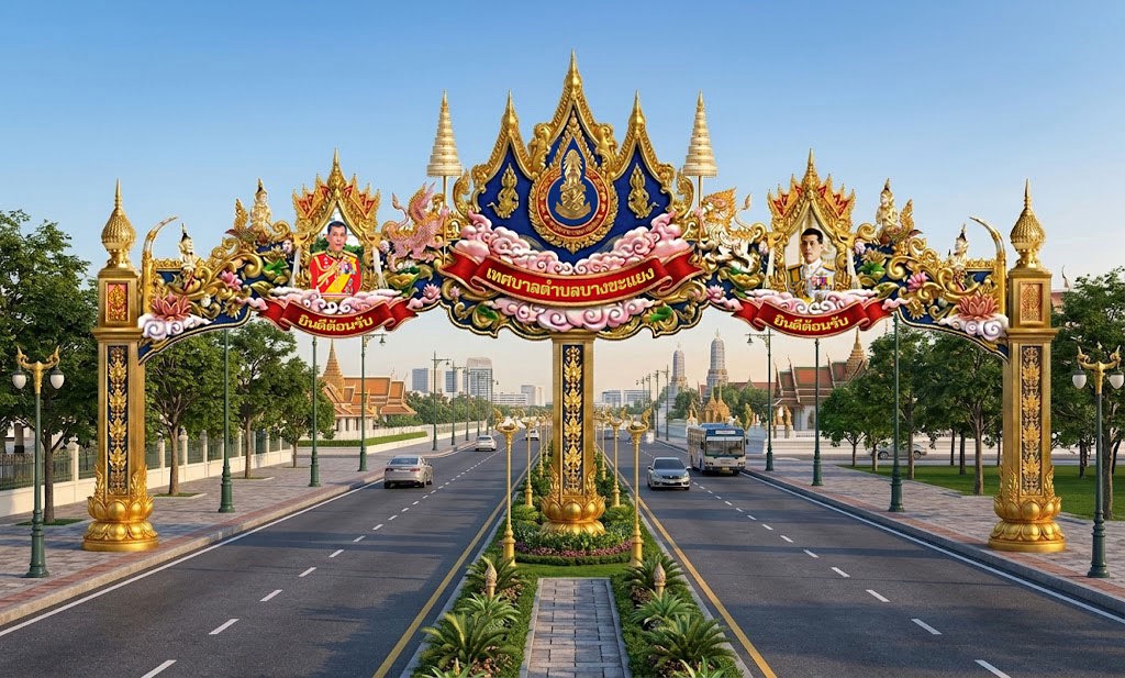 "แบบจำลอง 3D ออกแบบซุ้มเฉลิมพระเกียรติ ซุ้มประตูเมือง และซุ้มยินดีต้อนรับ เทศบาลตำบลบางขะแยง โครงสร้างคล่อมถนนมาตรฐานทางหลวง"